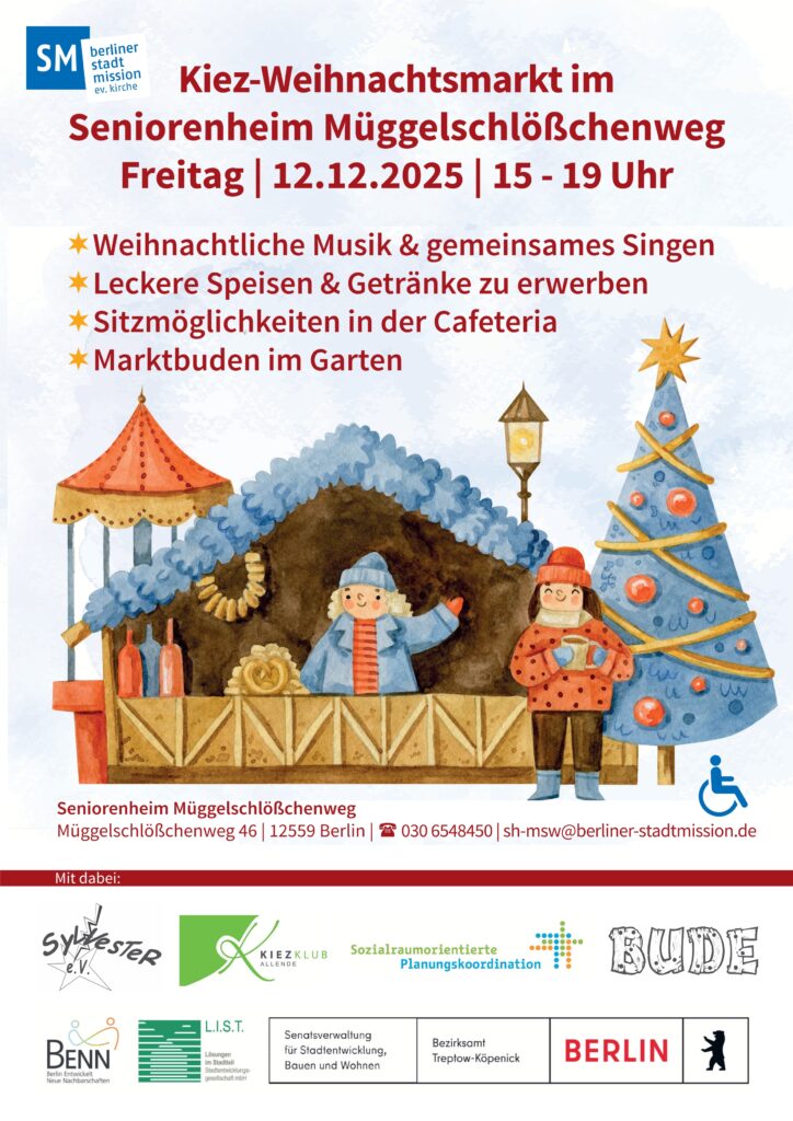 Kiez-weihnachtsmarkt. Bude mit Essen und Getränken. Tannenbaum und Deko